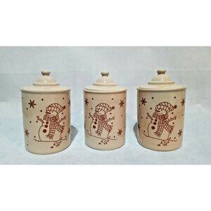 Small Cannister Set of 3 Snowman and Snowflakes Red Tan Lids 6"